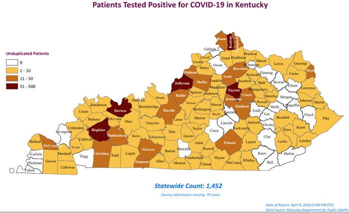 KY confirmed cases map 4 9 20