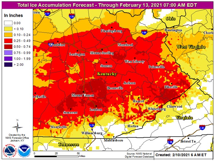 ClayCoNews - UPDATE: Ice Storm Warning for Portions of Northeast, South Central and Southeast Kentucky - Weather map 2021 02 10