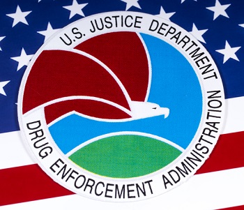 Seal or symbol of the Drug Enforcement Administration of the US Justice Department, portrayed with the U.S.A. flag