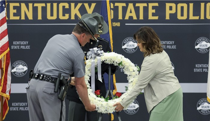 Memorial wreath placed Lt. Gov. Coleman KSP Commissioner Honor Guard 2023