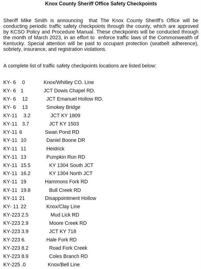 Knox County Sheriff KY checkpoints Mar Apr 2023